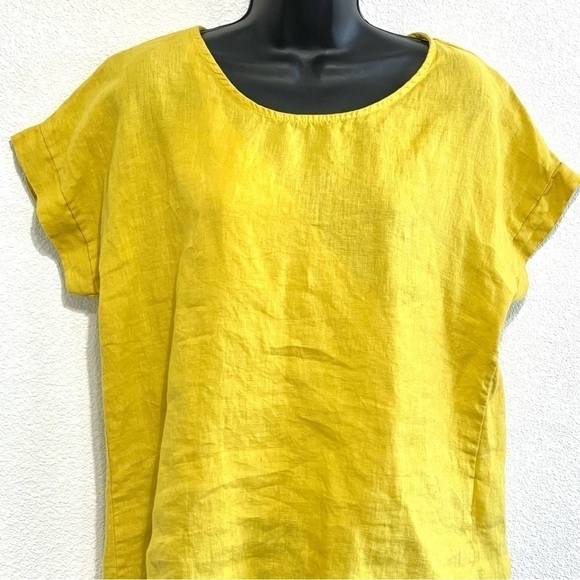 Terzo Millennio Woman 100% LINEN Yellow Back Stripe Lace Top Blouse ITALY Size S - Picture 2 of 11